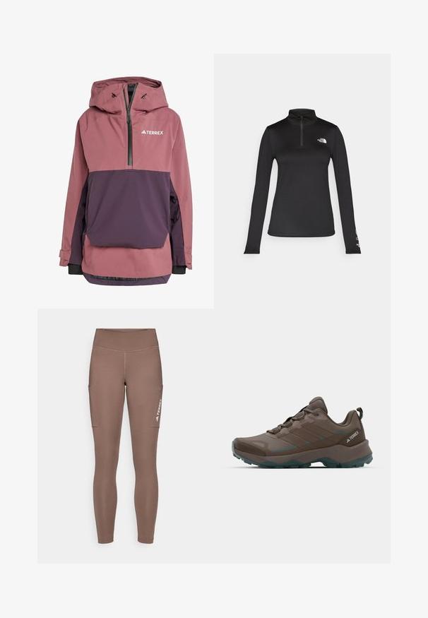 Jachetă pulover în roz și violet închis, cu glugă, față cu fermoar, mansete elastice și logo-ul Terrex pe piept. Material impermeabil.; The North Face FLEX 1/4 ZIP GRAPHIC - Bluză cu mânecă lungă - black; Leggings atletice maro cu talie înaltă, dotate cu buzunare laterale și un logo alb. Material neted și elastic pentru confort și mobilitate.; Pantofi de drumeție gri și teal, cu panouri din plasă, parte superioară texturată și talpă din cauciuc rezistentă. Caracteristici: limbă căptușită și design cu șireturi.