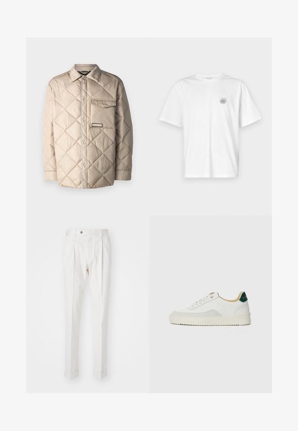 Beige quilted jacket featuring a diamond pattern, snap button closure, a chest pocket, and contrasting trim along the edges.; White t-shirt made of cotton featuring short sleeves, a crew neck, and a small gray logo on the left chest area. Smooth texture.; White, tailored trousers with a flat front, two pleats, and rolled cuffs. Made of a smooth fabric with a button closure at the waist.; White sneaker with suede accents, rounded toe, flat laces, and a cream rubber sole. Features green branding on the heel.