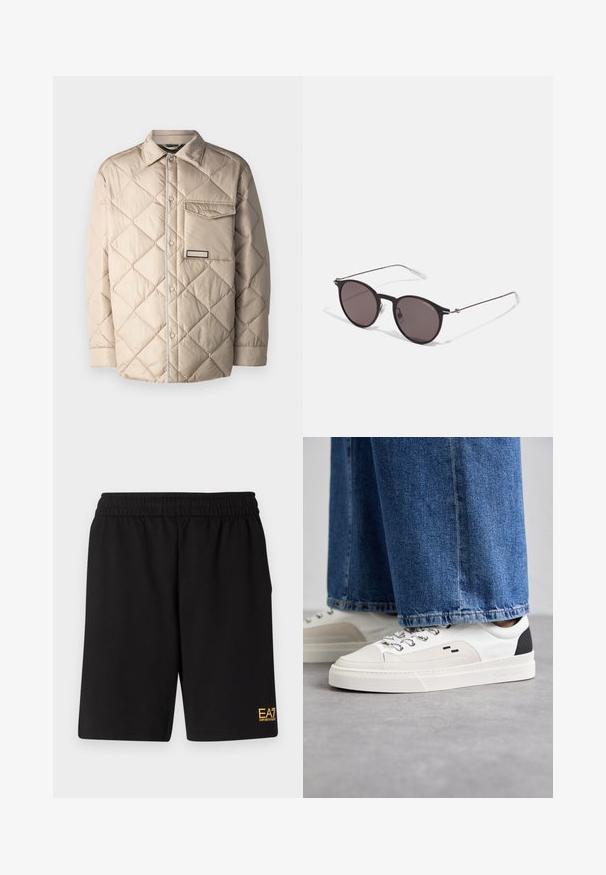 Beige quiltet jakke med diamantmønster, trykknappelukking, brystlomme og kontrastfarge langs kantene.; Svart bomulls t-skjorte med kort erm, rund hals og et lite logo-merke foran med pleiesymboler i hvitt.; Sorte treningsshorts laget av mykt stoff, med elastisk midje og en liten gul EA7-logo nederst på venstre ben.; Hvite og svarte joggesko med en glatt læroverdel, teksturerte detaljer og en kraftig hvit såle. Har en klassisk snøring.; Sorte, runde solbriller med mørke linser og slanke metalarmer. Inkluderer klare temple tips og sølvfargede detaljer ved hengslet. Minimalistisk design.