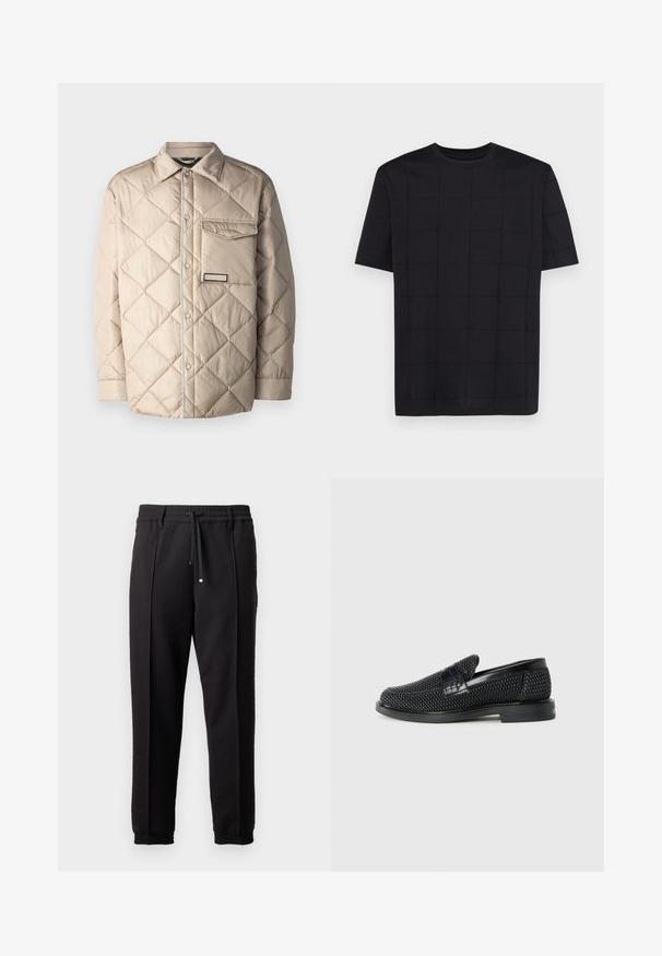 Beige quilted jacket featuring a diamond pattern, snap button closure, a chest pocket, and contrasting trim along the edges.; Armani Exchange Print T-shirt - black; Black trousers with a waistband, drawstring, and elastic cuffs. Features pleats and a smooth, textured fabric.; Black woven slip-on shoe with a smooth leather accent on the upper, a round toe design, and a low-profile rubber sole.