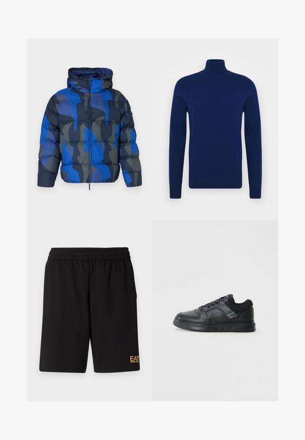 Jachetă căptușită cu glugă, având un model abstract în nuanțe de albastru și gri. Fabricată dintr-un material ușor și strălucitor, cu fermoar frontal și manșete elastice.; Pulover de culoare bleumarin, cu guler înalt, realizat dintr-un material tricotat fin. Mâneci lungi și un design ajustat, cu detalii ribbate la guler și la tiv.; Shorts atletici negri dintr-un material moale, având o talie elastică și un mic logo galben EA7 pe partea inferioară a piciorului stâng.; Tenisi negri cu un upper din piele netedă, accente din plasă, detalii perforate și o talpă din cauciuc texturată cu un design de profil scăzut.