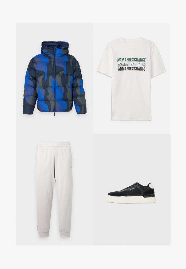 Padded jakna s kapuljačom, koja ima plavi i sivi apstraktni uzorak. Napravljena od sjajnog, laganog materijala, sa prednjim zatvaračem i elastičnim manžetama.; Bijela pamučna majica s kratkim rukavima koja prikazuje ponovljen tekst "ARMANIEXCHANGE" u zelenoj, plavoj i crnoj boji. Ima klasičan okrugli izrez.; Svijetlosive trenirke s elastičnim pojasom, bočnim džepovima, rebrastim manžetama i suptilnim brandom na nozi, izrađene od mekanog materijala.; Crne tenisice od mrežaste tkanine i kože, s debelim bijelim potplatom i kontrastnim detaljima. Šnure i logo detalj sa strane.