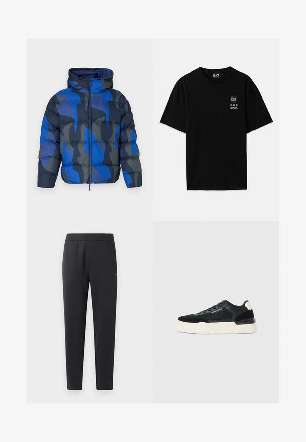 Padded jakna s kapuljačom, koja ima plavi i sivi apstraktni uzorak. Napravljena od sjajnog, laganog materijala, sa prednjim zatvaračem i elastičnim manžetama.; Crna pamučna majica s kratkim rukavima, okruglim izrezom i malom oznakom logotipa sprijeda koja sadrži simbole za njegu u bijeloj boji.; Crne trenirke izrađene od mekanog materijala, sa elastičnom trakastom, ravnim nogavicama i jednim malim logom sa strane.; Crne tenisice od mrežaste tkanine i kože, s debelim bijelim potplatom i kontrastnim detaljima. Šnure i logo detalj sa strane.