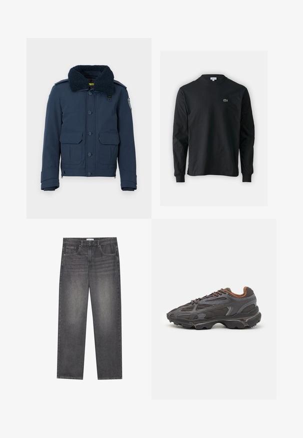 Navy blue jacket with a fluffy, dark collar, two front pockets, button closure, and logo patch on the sleeve. Structured shape and smooth texture.; Black long-sleeve t-shirt made of cotton, featuring a round neckline and a small green embroidered crocodile logo on the left chest.; Dark gray denim jeans with a straight cut, featuring five pockets, a front button closure, and subtle fading across the fabric.; Lacoste sneakers in dark gray with mesh and synthetic material, featuring a textured sole and brown accents on the collar and branding.