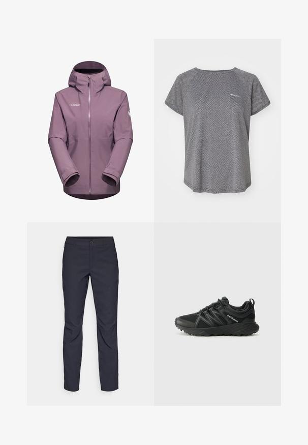 Mammut ALTO HOODED - Hardshell jacket - flux; Gray short-sleeve shirt featuring a subtle textured pattern, round neckline, and Columbia logo on the chest. Soft fabric, relaxed fit.; Navy blue pants made of smooth fabric, featuring a front button closure, slim-fit design, and creased detailing at the knees.; Columbia PEAKFREAK - Hiking shoes - black
