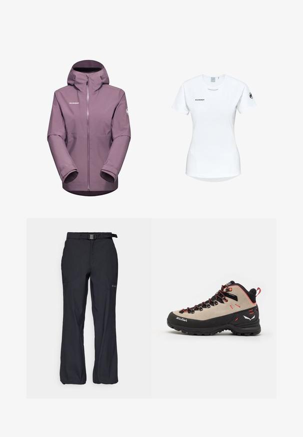 Mammut ALTO HOODED - Hardshelljacke - flux; Kurzärmliges weißes Sportshirt mit Rundhalsausschnitt, das ein Logo auf der Brust und eine glatte, leichte Stofftextur aufweist.; Schwarze Outdoor-Hosen aus leichtem Material, mit verstellbarem Bund und einem Gürtel sowie zwei Vorderaschen. Entwickelt für Komfort und Funktionalität.; Herren-Wanderschuhe mit einem Obermaterial aus beigem Wildleder, schwarzer Gummisohle, roten Akzenten und einem Schnürdesign für eine sichere Passform.