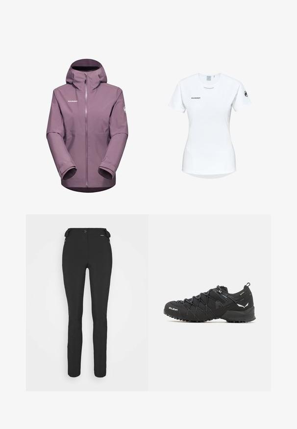 Mammut ALTO HOODED - Giacca hard shell - flux; Maglietta atletica bianca a maniche corte con colletto rotondo, dotata di un logo sul petto e una texture di tessuto liscia e leggera.; Pantaloni neri aderenti realizzati in materiale flessibile. Presentano una tasca laterale con zip, ginocchia articolate e una texture liscia.; Scarpe da trekking nere con tomaia in tessuto testurizzato, sistema di allacciatura e suola in gomma robusta. Accentuate da dettagli riflettenti e loghi.