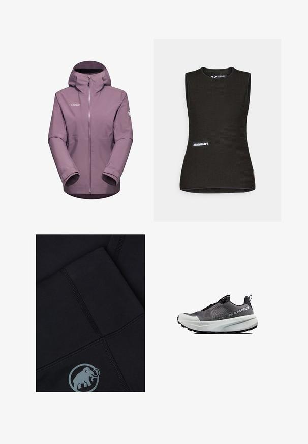 Mammut ALTO HOODED - Giacca hard shell - flux; Canottiera nera senza maniche con un motivo texturizzato, caratterizzata da un colletto rotondo e un logo "MAMMUT" sul davanti. Realizzata in materiale traspirante.; Leggings sportivi neri con cuciture testurizzate e logo grigio a forma di elefante. Materiale liscio e design aderente. Nessun motivo visibile.; Scarpa sportiva nera con tomaia in rete, suola bianca imbottita e suola nera robusta. Dotata di un laccio e di un sistema di allacciatura minimalista.