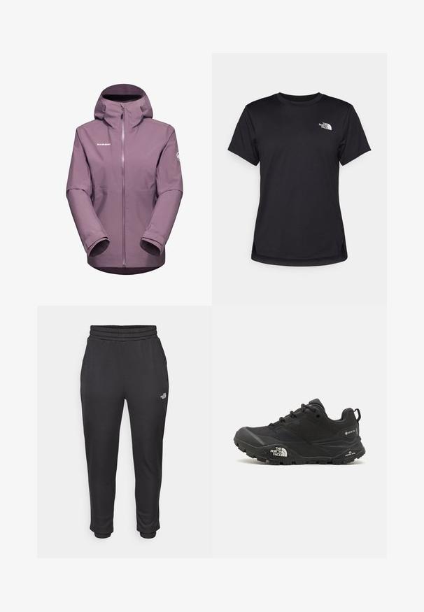 Mammut ALTO HOODED  - Hardshelljacka - flux; The North Face FLEX SHORT SLEEVES TEE - T-shirt till träning - black; Svarta träningsbyxor med elastiskt midjeband och muddar, tillverkade av mjukt tyg, med sidofickor och en logotyp på vänster lår.; Svart vandringsskor med en texturerad övre del, snörning och en kraftig gummisula som har en framträdande logotyp på sidan och mönster i sulan.