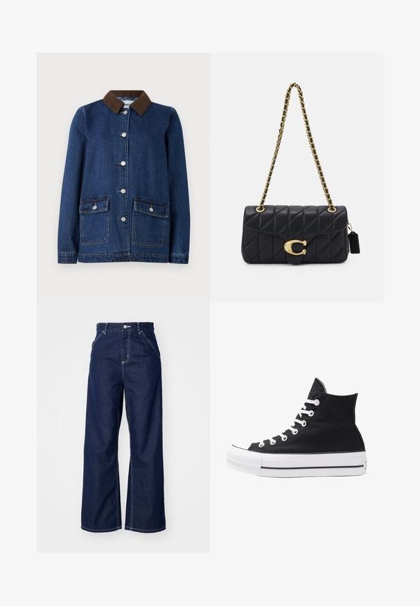 Tummansininen farkkutakki, jossa on ruskea corduroy-kaulus, kaksi etutaskua nappiläppien kanssa ja hopeanväriset napit edessä.; Harmaan vilttipuseron turtleneck-malli, joka on valmistettu pehmeästä neulomasta materiaalista. Varusteena on ribbisaumat hihansuissa ja helma. Ominaisuuksiin kuuluu rento leikkaus ja jämäkkä kaula-aukko.; Lehtere jeans hämärän sinisessä denimissä, jossa on korkea vyötärö, kontrastivalkoinen omistus ja perinteinen viiden taskun muotoilu.; Korkean ylösulkeutuvan mustan kankaan lenkkitossun, jossa on valkoiset rei'itykset, nauhat ja kumipohja. Sisältää teksturoituneen kärkitilan ja musta-valkoiset raidat.; Mustat vuoratut käsilaukku kultaketjuhihnalla, jossa on erottuva kultainen solki ja pieni tarkkuustagi, ja joka esittelee tekstuurillista nahkapintaa.