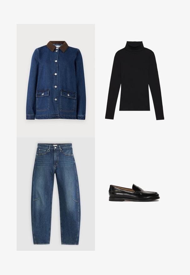 Denimska jakna v temno modri barvi s korduroj ovratnikom rjave barve, dvema sprednjima žepoma z gumbnimi pokrovi in srebrnimi gumbi spredaj.; Črna majica s puloverjem in dolgimi rokavi, izdelana iz rebraste tkanine, ima prilegan kroj s visokim ovratnikom in brez vzorcev ali okrasnih elementov.; Temno modri traper hlače s ravno obliko, ki vključujejo sprednje žepe, kontrastne šive in subtilno zbledelo teksturo na nogah.; Črne usnjene loafers cipele z zaobljenim nosom, enostavno obuvanje in subtilne šive ob zgornjem delu. Ravna gumijasta podplata.