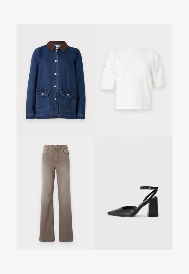 Jaqueta de ganga azul escuro com gola de veludo castanho, dois bolsos frontais com abas de botão e botões prateados na frente.; T-shirt branca de algodão com mangas puff curtas, apresentando pequenos embellissements prateados ao longo das mangas. Decote redondo clássico, corte descontraído.; Jeans castanhos de cintura alta, de perna reta, com botão frontal, passantes para cinto e design clássico de cinco bolsos em fundo branco.; Sandal com biqueira afilada em couro preto, com cinta no tornozelo e salto grosso. Textura lisa, design elegante e estética minimalista.