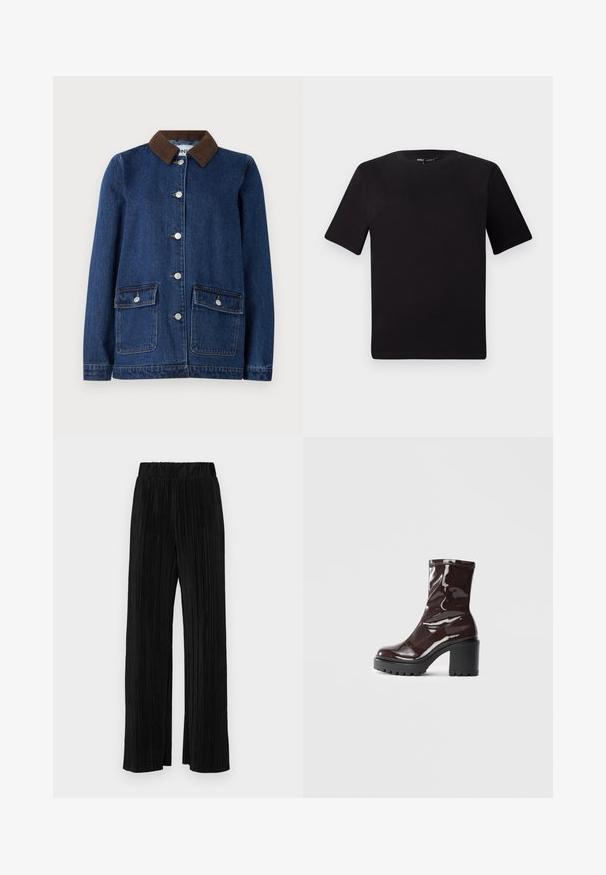 Denim jacket in dark blue with corduroy brown collar, two front pockets with button flaps, and silver buttons down the front.; Black short-sleeve t-shirt with a round neckline, crafted from soft cotton fabric. Simple design, no visible logos or patterns.; Black pleated trousers with an elastic waistband. Features wide legs and a smooth, textured fabric with vertical stripes.; Glossy burgundy ankle boot with a chunky black heel, featuring a smooth texture and simple design. No visible fastenings or patterns.