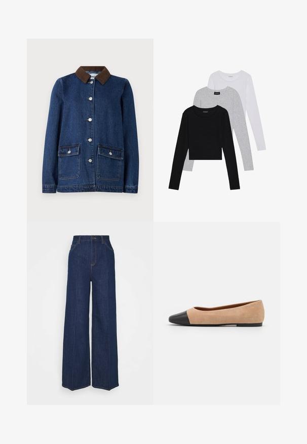 Tummansininen farkkutakki, jossa on ruskea corduroy-kaulus, kaksi etutaskua nappiläppien kanssa ja hopeanväriset napit edessä.; Kolme pitkähihasta paita päällekkäin: musta, harmaa ja valkoinen. Jokaisessa on pyöreä pääntie ja lyhennetty muotoilu, jossa on sileä ja kevyt kangas.; Tummat siniset farkut, joissa on korkea vyötärö ja leveät lahkeet, etu- ja takataskut, nappisulku ja näkyvät ompeluyksityiskohdat.; Beige mokkasiner i semsket skinn med svart lær ved tuppen, lav hæl og glatt tekstur, med minimal søm og et rent design.