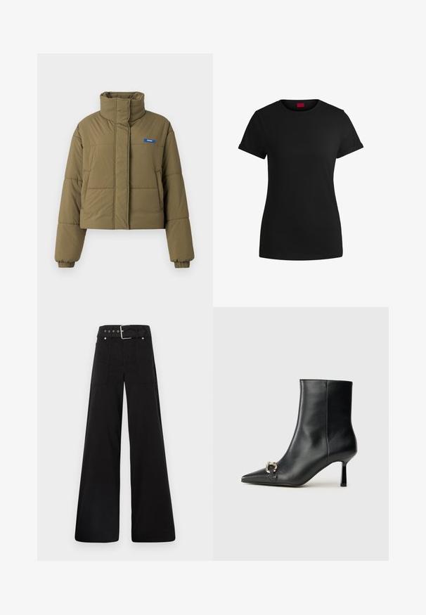 Skraćena maslinasto-zelena puferska jakna s visokim ovratnikom, elastičnim rukavima, prednjim džepovima i plavim logotipom na prsima, koja ima kviltanu teksturu.; Crna pamučna majica s kratkim rolanim rukavima, okruglim izrezom i crvenom etiketom. Glatka tekstura, uski kroj s minimalnim detaljima.; Crne široke hlače od pamuka, s visokim strukom, velikim bočnim džepovima i pojasom s srebrnim detaljima.; Crne kožne gležnjače s nazupčanim prstom, uskim srednje visokim potpeticama i detaljem srebrne kopče sa strane na jedinstvenoj pozadini.