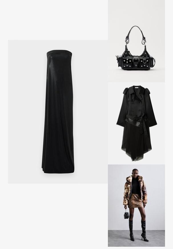Čierny trenčkot so zapínaním na dvojité gombíky, saténovým materiálom, priesvitnou spodnou vrstvou, nastaviteľným opaskom a epauletmi na pleciach.; Čierna maxi šaty bez ramienok vyrobené z hladkej, lesklej látky. Majú priliehavú korzetovú časť a splývavý strih, ktorý sa dotýka zeme bez ozdôb.; Bundička s kapucňou so hnedo-čiernym vzorom, skombinovaná s mini suknou s hadím vzorom v hnedej farbe, čiernymi čižmami po kolená a malou čiernou kabelkou.; Čierna kožená kabelka s zakriveným dizajnom, doplnená striebornými cvočkami, prackou a dvoma bočnými vreckami. Nastaviteľný popruh poskytuje rôzne možnosti nosenia.