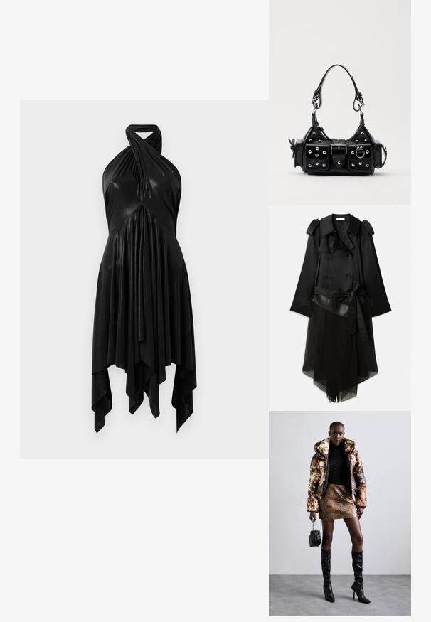 Sort trenchcoat med dobbelt-knaplukning, satinmateriale, gennemsigtig nederste lag, justerbart bælte og skulderepauleter.; Sort halterneck kjole med draperet design. Fremstillet af skinnende materiale, med en snoet halsudskæring og asymmetrisk fald. Glat tekstur.; Pufferjakke med et brunt og sort mønster, parret med en brun slangeskinds mini nederdel, sorte støvler op til knæet og en lille sort taske.; Sort læderhåndtaske med et buet design, prydet med sølvfarvede nitter, en spænde og to sidelommer. Justerbar rem til forskellige bære muligheder.