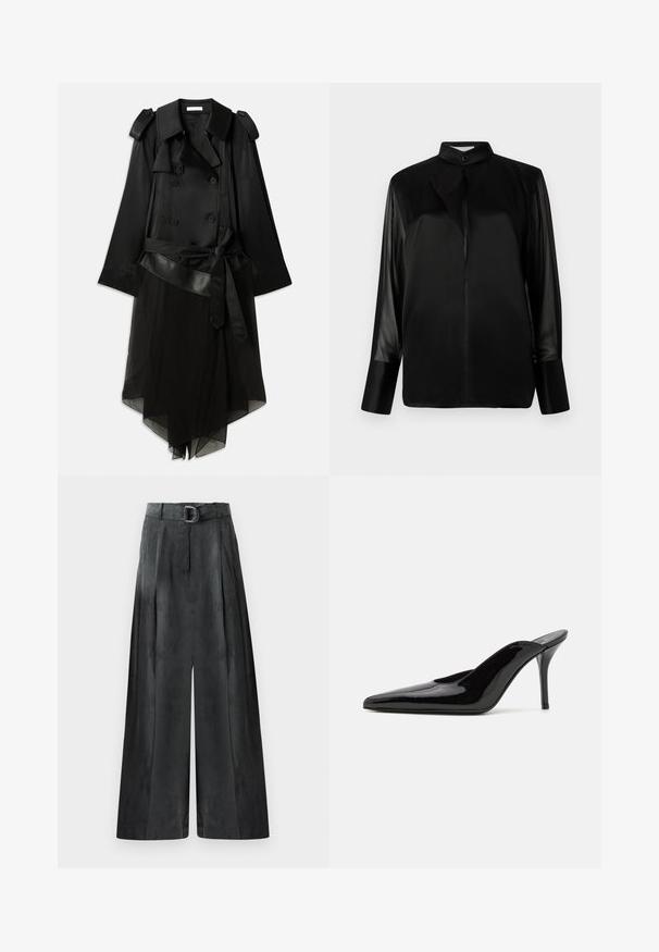 Black trench coat featuring a double-breasted front, satin material, sheer lower layer, adjustable belt, and epaulet details on shoulders.; Black blouse with a stand-up collar, long sheer sleeves, bow tie detail at the neck, made of smooth satin fabric, front button closure.; Wide-leg trousers in dark gray, featuring a smooth texture, pleats, and a belt with a silver buckle at the high waist.; Black patent leather high-heeled mule with a pointed toe and a sleek silhouette, featuring an open back and a slender stiletto heel.