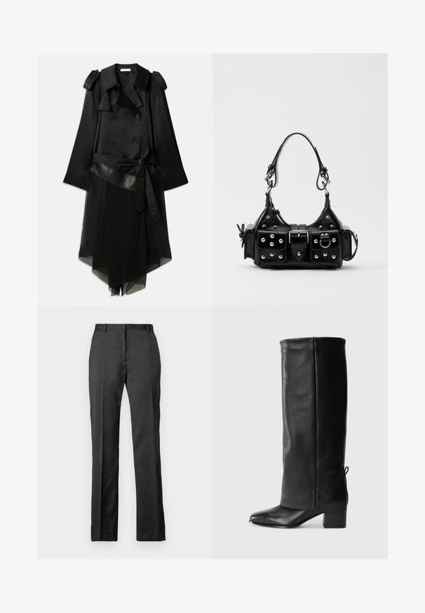 Melnā trenčmēte ar dubulto priekšpusi, satīna materiālu, caurspīdīgu apakšējo kārtu, regulējamu jostu un epauletu detaļām uz pleciem.; Melnā īsā piedurkņu T-kreklā, kas izgatavots no mīksta kokvilnas auduma, ir apaļa kakla izgriezuma un brīva piegriezuma ar vieglu sakopojuma detaļu sānos.; Pielāgotas melnas bikses, izgatavotas no gludas auduma. Iezīmē taisnas kājas dizainu, plakanu priekšu un smalku krokas detaļas.; Melnas ādas līdz ceļiem zābaki ar gludu apdari, kvadrātveida purngalu, bloku papēdi un sānu saišu detaļu pielāgojamai fit.; Melnas ādas rokturmais ar izliekumu, ar sudraba iedurtiem, sprādzi un divām sānu kabatām. Regulējams siksniņas garums dažādām nēsāšanas iespējām.