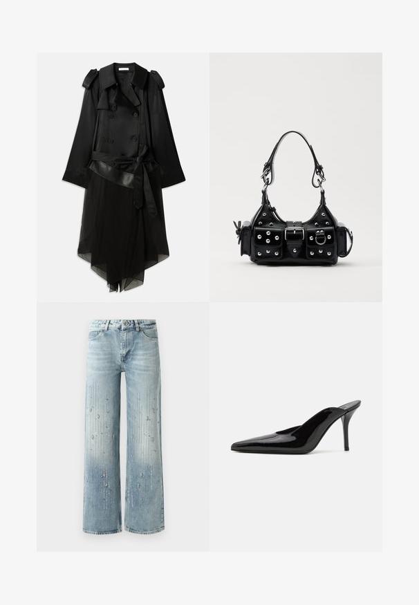 Cappotto nero a trench con fronte doppiopetto, materiale in raso, strato inferiore trasparente, cintura regolabile e dettagli con mostrine sulle spalle.; Crop top nero a maniche lunghe con collo alto, pannello in rete trasparente in vita e cuciture strutturate per un design aderente.; Jeans larghi di denim di colore azzurro chiaro, con un effetto sfumato e decorazioni di strass argentati disposti in un motivo verticale.; Mule in pelle patinata nera con tacco alto, punta affilata e silhouette elegante, dotato di apertura sul dietro e tacco a stiletto sottile.; Borsa a mano in pelle nera con design curvo, caratterizzata da borchie argentate, una fibbia e due tasche laterali. Tracolla regolabile per diverse opzioni di trasporto.