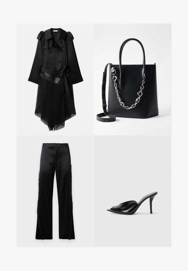 Trench coat negru cu un front dublu-întors, material satinat, strat inferior transparent, curea ajustabilă și detalii cu epauleți pe umeri.; Top lung cu mânecă lungă, de culoare neagră, cu guler înalt și o siluetă ajustată, având o textură verticală și detalii de cusătură la umeri.; Pantaloni negri din satin, cu picioare largi, având detalii cu franjuri de-a lungul cusăturilor laterale și o talie plată în față. Spatele este simplu, fără buzunare.; Mule-uri negre din piele cu toc înalt, cu vârf deschis, design ascuțit, textură fină și toc subțire stiletto.; Geantă tote din piele neagră cu un design structurat, având un accent din lanț argintiu și mânere duale. Include o curea din piele detașabilă.