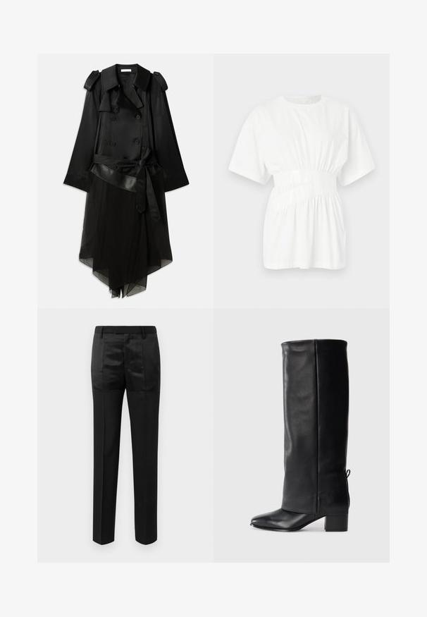 Trench coat negru cu un front dublu-întors, material satinat, strat inferior transparent, curea ajustabilă și detalii cu epauleți pe umeri.; Tricou alb cu mânecă scurtă, realizat din bumbac neted. Dispune de o talie strânsă cu un curea lucioasă și un decolteu rotund. Design simplu.; Pantaloni negri, croiți pe corp, cu picioare drepte și talie cu curea, având un amestec de panouri de țesătură mată și lucioasă.; Cizme din piele neagră până la genunchi, cu un finisaj neted, vârf pătrat, toc bloc și detalii cu șnur pe lateral pentru ajustarea potrivirii.