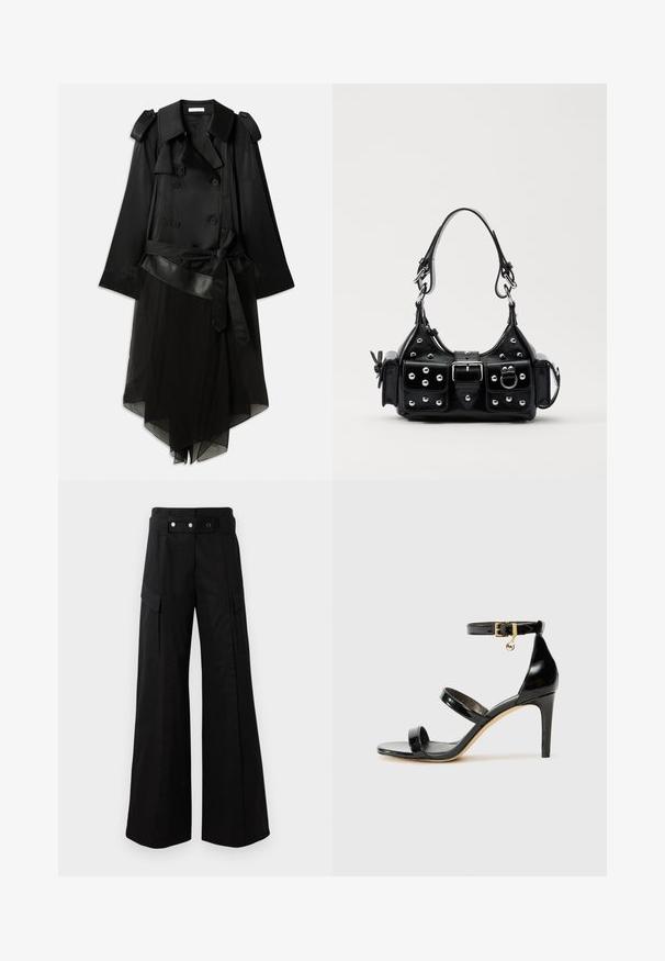 Zwarte trenchcoat met een dubbelgebreide voorkant, satijnen materiaal, doorschijnende onderlaag, verstelbare riem en spalkdetails op de schouders.; Zwarte bodysuit met lange doorschijnende mesh mouwen, hoge kraag, gedrapeerde voorkant en een aansluitend lijfje. Sluit onderaan met drukknoopjes.; Zwarte wijde broek met hoge tailleband, voorzien van grote zijzakken, twee knopen aan de voorkant en een lusdetail. Gemaakt van stevige stof.; Zwarte gepatineerde leren sandaal met drie banden, enkelgesp en 10 cm hoge stiletto hak. Bevat gouden hardwaredetails en een logo charm.; Zwarte lederen handtas met een gebogen ontwerp, voorzien van zilveren studs, een gesp en twee zijvakken. Verstelbare schouderband voor verschillende draagmogelijkheden.