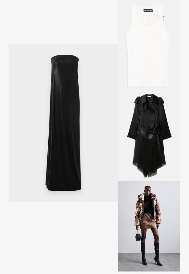 Sort trenchcoat med dobbelt-knaplukning, satinmateriale, gennemsigtig nederste lag, justerbart bælte og skulderepauleter.; Hvid ribbet tanktop med rund halsudskæring og metalaccentdetalje på skuldrene. Blød tekstur, tætsiddende design og ærmeløs stil.; Sort stropløs maxikjole lavet af glat, skinnende stof. Har en tætsiddende bodice og en svungende silhuet, der når gulvet uden udsmykninger.; Pufferjakke med et brunt og sort mønster, parret med en brun slangeskinds mini nederdel, sorte støvler op til knæet og en lille sort taske.; Sort læderhåndtaske med et buet design, prydet med sølvfarvede nitter, en spænde og to sidelommer. Justerbar rem til forskellige bære muligheder.