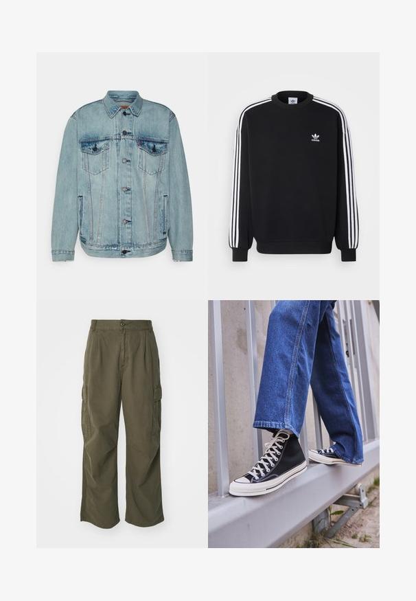 Levi's® RELAXED TRUCKER - Teksajakk - huron waves; Musta särk, millel on valge kolme triibu disain varrukatel, ümmargune kaelus, soonikääred ja väike valge Adidas logo rinnal.; Tumed sinine puuvillane T-särk ümmarguse kaelusega ja lühikeste varrukatega. Omab lihtsat disaini ilma mustrite või kaunistusteta.; Olivi rohelised cargo püksid, valmistatud puuvillast, laia jala disainiga, voldikute ja küljetaskutega praktilisuse huvides.; Mustad mustade kõrgete tossudega, millel on valge tallaga ja valged paelad, koos vaba sinise denimidega, mis puhkavad hallil piiridel.