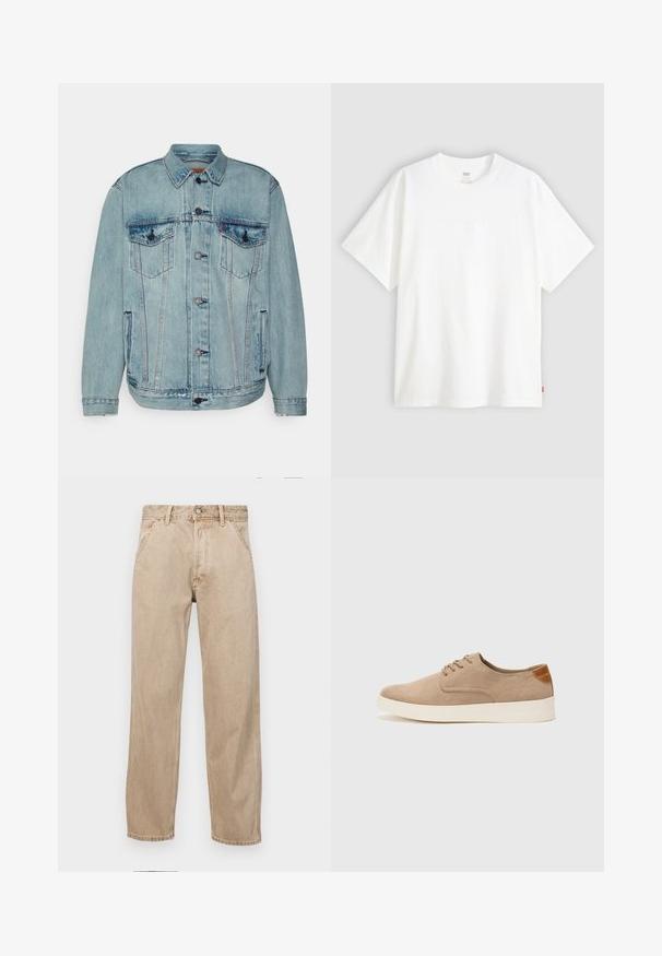 Levi's® RELAXED TRUCKER - Džinsinis švarkelis - huron waves; Baltas trumpas rankovės marškinėlis, pagamintas iš medvilnės, su apvalia iškirpte. Priekyje yra subtilus iškilus logotipas ir raudonas etiketas ant apačios.; Smėlio spalvos džinsai su tiesia kojų siluetu, turintys priekinę kišenę, metalinį mygtuką ir subtilią tekstūrą.; Bežiniai zomšiniai sportbačiai su apvaliomis pirštų dalimis, raišteliais priekyje ir tekstūruotu užkulniu. Balta guma suteikia kontrastą. Paprastas ir modernus dizainas.