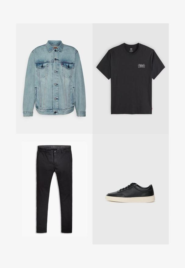 Levi's® RELAXED TRUCKER - Jeansjakke - huron waves; Svart bomulls t-skjorte med korte ermer og rund hals. Har et lite hvitt grafisk trykk på venstre bryst. Glatt tekstur.; Svart bomullskino med en tapered passform, med fem lommer, beltehemper og en jevn tekstur. Glidelås med knappelukking.; Svarte lavtopp lær sneakers med svarte snører og off-white såle vist i sidesyn på hvit bakgrunn.