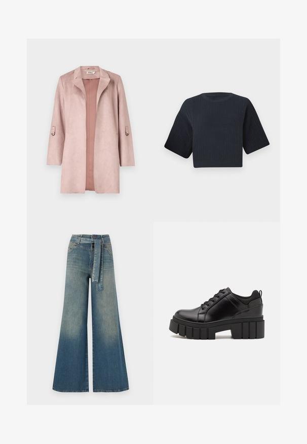 Stofroze, faux suede, lange jas met een geknipt kraag, open voorkant en 3/4 mouwen met lussen. Soepele textuur met minimale details.; Donker marineblauw cropped gebreid sweater met ribbeltextuur, korte brede mouwen en een ronde halslijn. Eenvoudig ontwerp, zonder zichtbare patronen of accenten.; Wijduitlopende denim broek met een lichte naar donkere blauwe gradient, hoge taille, riemlussen en een bijpassende stoffen riem. Gestructureerde denimafwerking.; Zwarte leren platform schoenen met een stevige blokhak, ronde neus en een traditionele vetersluiting. Kenmerkt zich door een gladde textuur en minimale details.