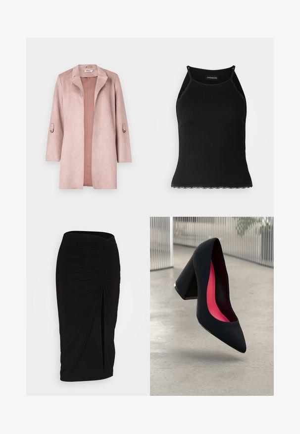 Cappotto lungo in faux suede rosa antico, con colletto a contrasto, apertura frontale e maniche 3/4 con asole. Tessuto morbido con dettagli minimali.; Top in maglia nera a coste con bordo in pizzo ondulato all'orlo. Presenta spalline sottili e un design aderente. Realizzato in tessuto elasticizzato.; Gonna a tubino nera, arricciata, con dettaglio a fiocco e uno spacco laterale. Realizzata in un tessuto elasticizzato, presenta una texture liscia e un design aderente.; Scarpa con tacco alto nera, con punta affusolata, superficie testurizzata e un vivace interno rosa. Presenta un tacco spesso con un accento argentato.