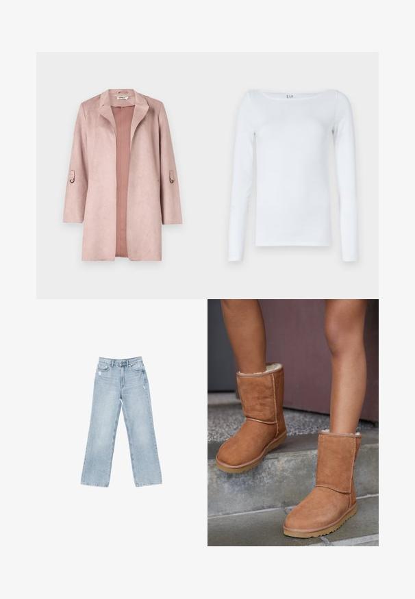 Dusty pink, faux suede, long coat with a notched collar, open front, and 3/4 sleeves featuring loops. Smooth texture with minimal detailing.; White long-sleeve shirt made of cotton blend, featuring a scoop neckline and a slim fit design. No visible patterns or accents.; Light blue denim jeans with a wide-leg cut, distressed detailing, five-pocket design, and a zip-fly closure.; Brown suede ankle boots with a round toe, soft lining, and a rubber sole, featuring visible stitching detail along the seams.