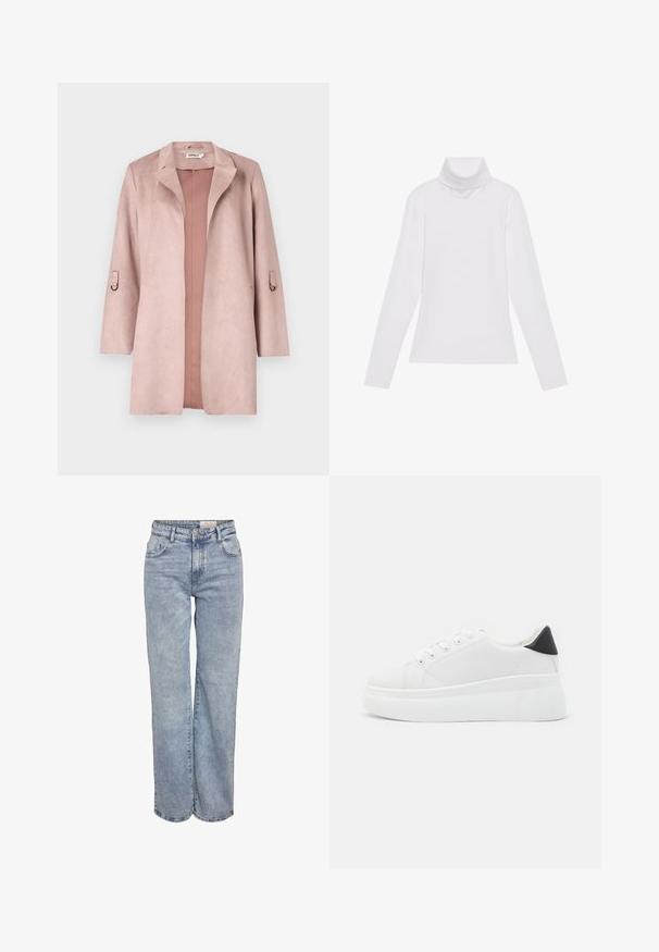 Palton lung din faux suede de culoare roz prăfuit, cu guler cu tăietură, deschis în față, și mâneci 3/4 cu bucle. Textură netedă cu detalii minime.; Tricou alb cu mâneci lungi și guler înalt, realizat dintr-un material neted și elastic. Dispune de un design ajustat, fără modele vizibile sau embellishments.; Jeans din denim, de un albastru deschis, cu croială largă, talie înaltă, design cu cinci buzunare și o ușoară decolorare pentru un aspect purtat.; Adidași albi cu platformă, fabricați din material sintetic neted, cu vârf rotund, design cu șireturi și talpă din cauciuc texturat. Accente negre la călcâi.