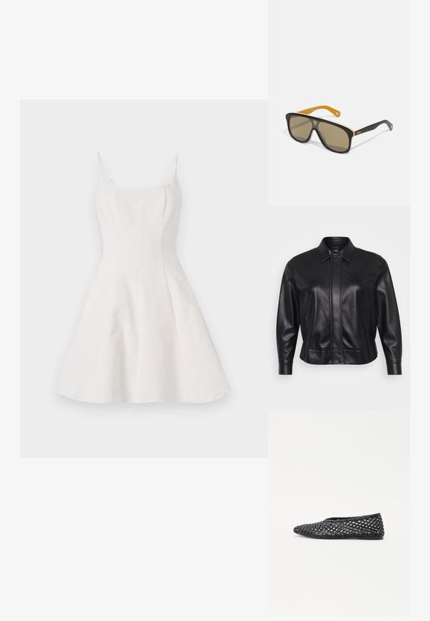 Fekete bőrdzseki, gallérral, patent gombokkal, oldalsó zsebekkel és karcsú fazonnal. Sima textúra, minimalista dizájn részletekkel.; Fehér A vonalú ruha vékony pántokkal, formálisan illeszkedő felsőrésszel és bővülő szoknyával. Simaság jellemzi a szövetét, letisztult, minimalista dizájnnal.; Fekete szőtt slip-on cipő, rácsos mintázattal, lapos talppal és sima gumiból készült anyaggal, amely légáteresztő és rugalmas.; Fekete, oversized napszemüveg barna lencsékkel, fehér díszítéssel a kereten és kontrasztos sárga fülekkel. A márka logója látható.