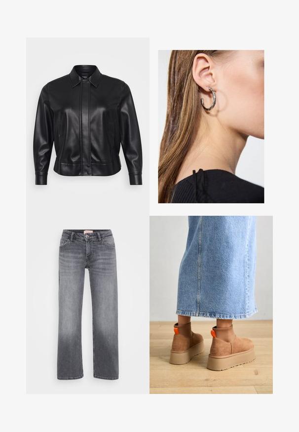 Juodas odinis švarkas su apykakle, spaustukais, šoninėmis kišenėmis ir prigludusia siluetu. Lygus tekstūros paviršius su minimalistiškai sukurtais detalėmis.; Even&Odd Petite 2 PACK - Viršus - light grey/black; Pilki džinsai su tiesiais džinsinių kojų dizainu, penkių kišenių stiliumi, subtiliu išblukimu ir sagčių uždarymu ties juosmeniu.; Rudos zomšiniai platforminiai batai su elastingomis šoniniais panirais ir oranžinėmis kilpomis, derinami su kelio ilgio šviesių džinsų sijonu ant medinių grindų.; Sidabrinė lankinė auskarai su poliruotu paviršiumi, turintys mažus auksinius akcentus ir apvalią formą, dėvimi ant ausies kaušelio.