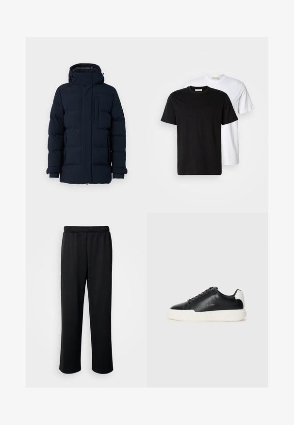 Belstaff PENDULUM JACKET - Gewatteerde jas - dark ink; Twee simpele katoenen T-shirts, één zwarte voor een witte geplaatst, beide met korte mouwen en ronde halslijnen.; Zwarte sportbroek van zachte, ademende stof. Beschikt over een elastische tailleband en rechte pijpen zonder opvallende accenten of patronen.; Zwarte leren sneakers met een witte rubberen zool. Voorzien van een ronde neus, vetersluiting en logodetail aan de zijkant. Achteraccent in het wit.