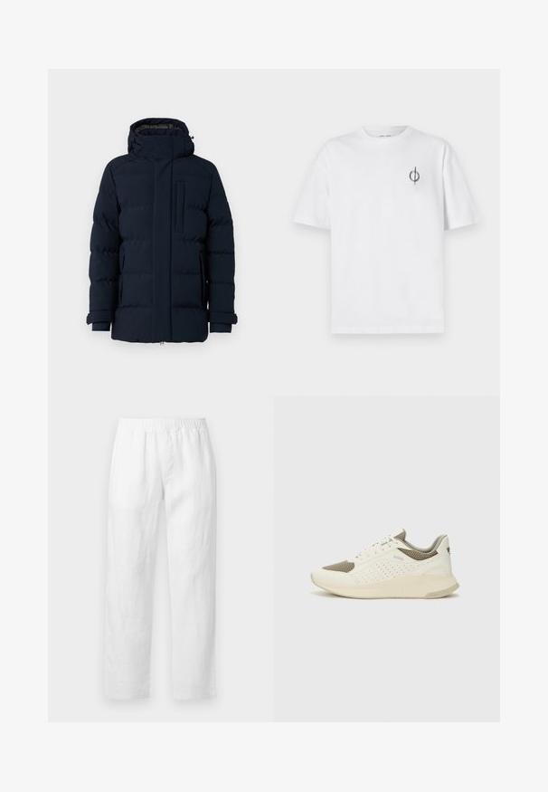 Belstaff PENDULUM JACKET - Sulejope - dark ink; Valge puuvillane t-särk lõdva sobivusega, millel on vasakul rinnal väike must graafiline logo. Lühikesed varrukad, ümmargune kaelus.; Valged linased püksid, millel on elastne vöökoht, sirge säärejoon ja pehme tekstuur, ilma nähtavate mustrite või riistvara detailideta.; Valge ja heledat beeži värvi spordijalats, millel on õhuke võrkmaterjal, perforatsioonidega detailid ning tekstuuriga vahetald, millel on brändi logo kannaosas.