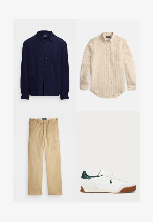 Camicia di lino blu navy con chiusura a bottoni, colletto, due tasche frontali e maniche lunghe. Accentuata con bottoni marroni.; Camicia beige a maniche lunghe con bottoni, righe verticali bianche, collo button-down, taschino sul petto e etichetta "Polo Ralph Lauren" all'interno del collo.; Pantaloni di cotone beige con taglio dritto. Presentano toppe usurate e dettagli ricamati nella parte anteriore. Chiusura classica con bottone e zip.; Sneaker bianco con accenti in pelle verde e una suola in gomma beige. Presenta un corpo in tessuto e un logo in evidenza sul lato. Design con lacci.