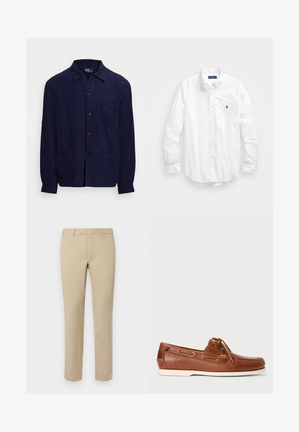 Tamsiai mėlyna lininė marškiniai su sagų užsegimu priekyje, apykakle, dviem priekinėmis kišenėmis ir ilgomis rankovėmis. Papuošta rudos spalvos sagomis.; Balta ilga rankovė mygtukų marškiniai iš medvilnės. Pasižymi klasikinėmis apykaklėmis, mygtukų rankogaliais ir mažuoju tamsiai mėlynu siuviniu su logotipu ant krūtinės.; Šviesiai rudos medvilninės kelnės tiesaus kirpimo, su diržo kilpomis, plokščiu priekiu ir siuvinėtomis apvadomis. Lygi tekstūra ir minimalus detalizavimas.; Rudos odinės valtinės bateliai su raišteliais, auksinėmis akytėmis ir kreminiu guminiais padu. Sukurta su pakeltu siuvinėjimu ant piršto.