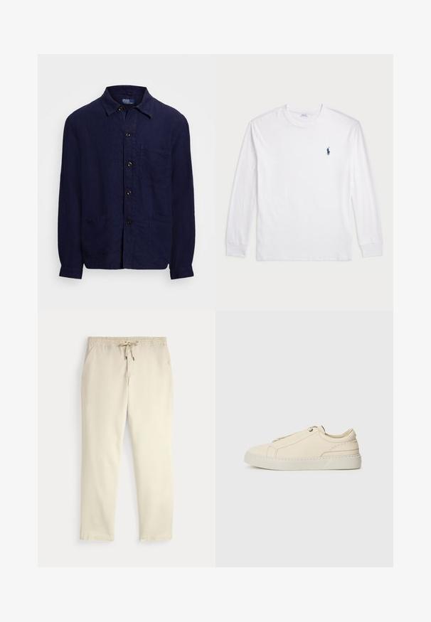 Marineblaues Leinenhemd mit durchgehender Knopfleiste, Kragen, zwei Fronttaschen und langen Ärmeln. Verziert mit braunen Knöpfen.; Weißes Langarm-T-Shirt aus Baumwolle. Mit Rundhalsausschnitt, gerippten Bündchen und kleinem, dunkelblauem Polo-Logo auf der linken Brust.; Beige legere Hosen mit elastischem Bund und Kordelzug, gerade Hosenbeine und seitlichen Taschen vor einem einfarbigen Hintergrund.; Beige Leder Sneaker mit runder Zehenpartie, minimalistischem Design, subtilen Nähten und strukturiertem Obermaterial auf einer hellen Sohle.