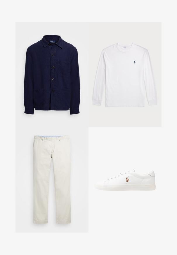 Tengerészkék len ing gombos elülső résszel, gallérral, két elülső zsebbel és hosszú ujjal. Barna gombokkal díszítve.; Fehér, hosszú ujjú póló, pamutból készült. Kerek nyakkivágással, bordás mandzsettákkal és egy kis sötétkék polo logóval a bal mellen.; Beige pamut chinin, lapos elülső résszel, övhurkokkal és oldalsó zsebekkel. Egyenes lábú kialakítás, sima textúrával és könnyű, lélegző érzettel.; Fehér bőr sportcipők, alacsony fazonban, sima textúrával, kerek orral, fűzős előlappal és egy kis hímezett logóval az oldalon.