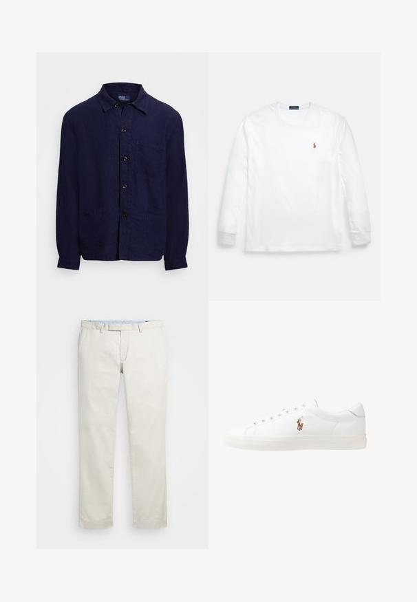 Námořnická modrá lněná košile s knoflíkovým zapínáním, límcem, dvěma předními kapsami a dlouhými rukávy. Ozdobena hnědými knoflíky.; Bílé dlouhé tričko s dlouhým rukávem z bavlny, s kulatým výstřihem a malým vyšívaným logem na levé straně hrudi. Hladká struktura, jednoduchý design.; Béžové bavlněné chinos kalhoty s plochým předním dílem, poutky na opasek a bočními kapsami. Rovný střih s hladkou texturou a lehkým, prodyšným pocitem.; Bílé kožené tenisky, nízký střih, s hladkým povrchem, kulatou špičkou, šněrováním v přední části a malým vyšitým logem na boku.