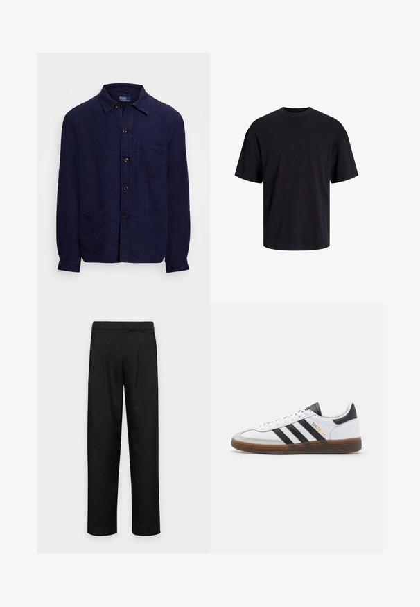 Cămașă din in bleu marin cu nasturi în față, guler, doua buzunare frontale și mâneci lungi. Accentuată cu nasturi maro.; Tricou din bumbac negru, cu guler rotund, mâneci scurte și o croială lejeră. Textură netedă și fără modele sau accente vizibile.; Pantaloni negri dintr-un material neted, cu un design drept, două pliuri frontale și un tiv standard cu bucle pentru curea.; Tenisi din piele albă cu accente din suede negru, trei dungi negre, talpă din cauciuc bej și branding auriu "SPEZIAL" pe lateral.