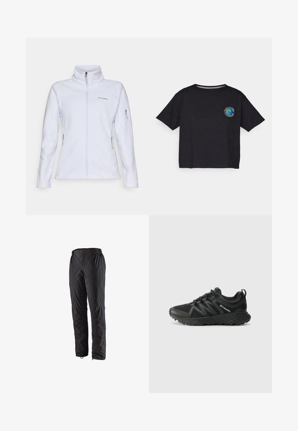 Columbia FAST TREK - Forro polar - snowdrift; Camiseta de algodón negra de manga corta con un logo multicolor circular en el pecho. Dobladillo recto y corte relajado.; Pantalones impermeables negros con cintura elástica, bolsillos laterales con cremallera, piernas ajustadas y textura suave. Adecuados para actividades al aire libre.; Columbia PEAKFREAK - Zapatillas de senderismo - black