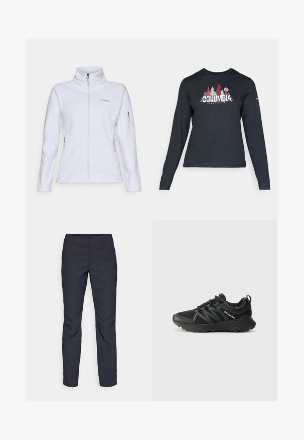 Columbia FAST TREK - Veste polaire - snowdrift; Chemise à manches longues gris foncé avec un motif d'arbres rouges et de montagnes ; logo "COLUMBIA" en lettres blanches en gras. Tissu doux, col rond standard.; Pantalons bleu marine en tissu lisse, dotés d'une fermeture par bouton à l'avant, d'un design ajusté et de détails pliés au niveau des genoux.; Columbia PEAKFREAK - Chaussures de marche - black