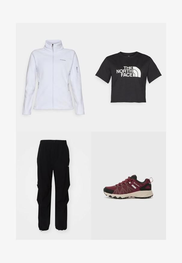 Columbia FAST TREK - Fleecejacke - snowdrift; Schwarzes, tailliertes T-Shirt aus Baumwolle mit einem weißen Logo mit geschwungenen Akzenten und dem Text "THE NORTH FACE" auf der Vorderseite. Kurze Ärmel, Rundhalsausschnitt.; Schwarze Outdoor-Hosen aus langlebigem Material, mit lockerer Passform, elastischem Bund und verstellbaren Bündchen für variable Längen.; Columbia PEAKFREAK™ II OUTDRY™ - Hikingschuh - deep madeira/white peach