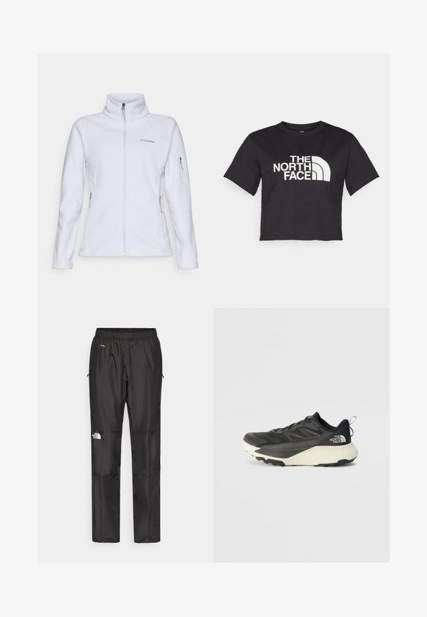 Columbia FAST TREK - Polárdzseki - snowdrift; Fekete, vágott ujjú, pamut póló, fehér logóval, amely ívelt díszítéseket és a "THE NORTH FACE" feliratot tartalmazza az elején. Rövid ujjú, kerek nyakú.; Fekete vízálló nadrág könnyű anyagból, rugalmas derékkal, oldalsó zsebekkel és logóval a bal lábon.; Fekete sportcipő, texturált felsőrésszel, szürke kiegészítőkkel és fehér középtalppal. Húzófüllel és kiemelkedő márkalandírral a sarkán.