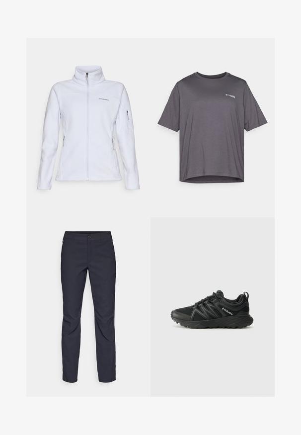 Columbia FAST TREK - Fleecejacke - snowdrift; Kurzärmliges graues T-Shirt aus glattem Stoff. Verfügt über einen runden Halsausschnitt und ein kleines Logo, das auf der Brust gedruckt ist.; Marineblaue Hose aus glattem Stoff mit einem vorderen Knopfverschluss, schlankem Schnitt und gefalteten Details an den Knien.; Columbia PEAKFREAK - Hikingschuh - black